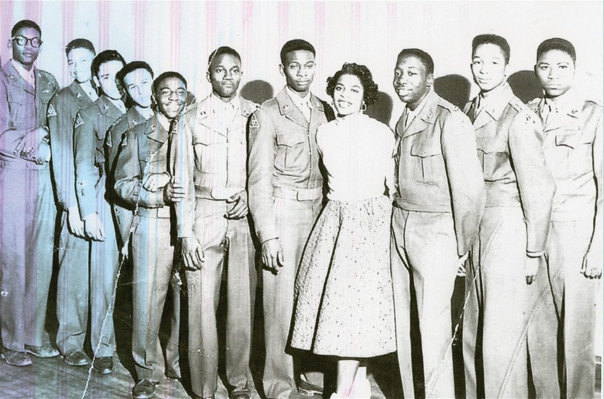 The 1956 Ms. ROTC event in South Dallas featured members of the local ROTC chapter. From left to right: George Simms, Lewis Rhone, Wayne Crupit, Lerea Beverly, Banard Booty, George Paige, Nolan Stone, Gwynn James, Alonso Davis,  Herman Graham and Joe Jones. Photo courtesy of [bc]Workshop, contributed by Lewis Rhone, Dallas Neighborhood Stories Grant Collection, Dallas Public Library