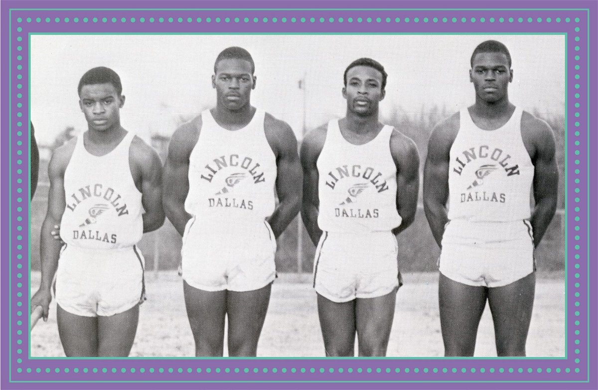 The 1970 Lincoln High School track team set a record for the fastest time in the 440 relay. These four young men went on to have diverse careers: John Delley is a minister in the Church of God and Christ; Joe Pouncy is a principal at Newman Smith High School in Carrollton, Texas; Rufus Shaw was a political activist who fought for local issues; and Gene Pouncy was a journalist. Photo courtesy of [bc]Workshop, contributed by Dean Washington, Dallas Neighborhood Stories Grant Collection, Dallas Public Library