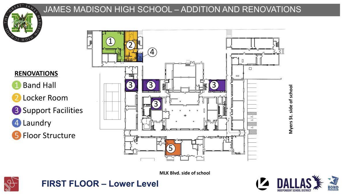 The "Great" James Madison High School, map of first floor renovations.

Renovations of the band hall, locker room, support facilities, laundry and floor structure.