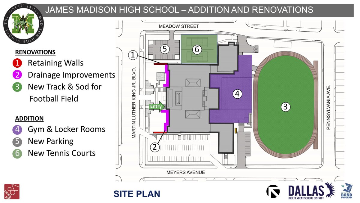 The "Great" James Madison High School site plan

Renovations of the retaining walls, drainage improvements, new track, and sod for football field. Addition for gym and locker rooms, new parking lot, and new tennis courts.