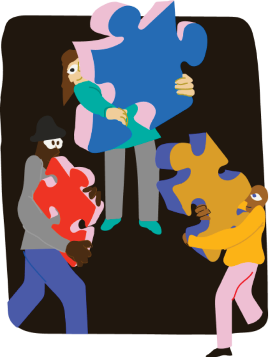 Graphic of three people each lifting a large puzzle piece